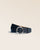 Our Tamara Renouard belt, in navy blue vicuña-style leather and nickel-plated buckle, seen from the front in the studio.