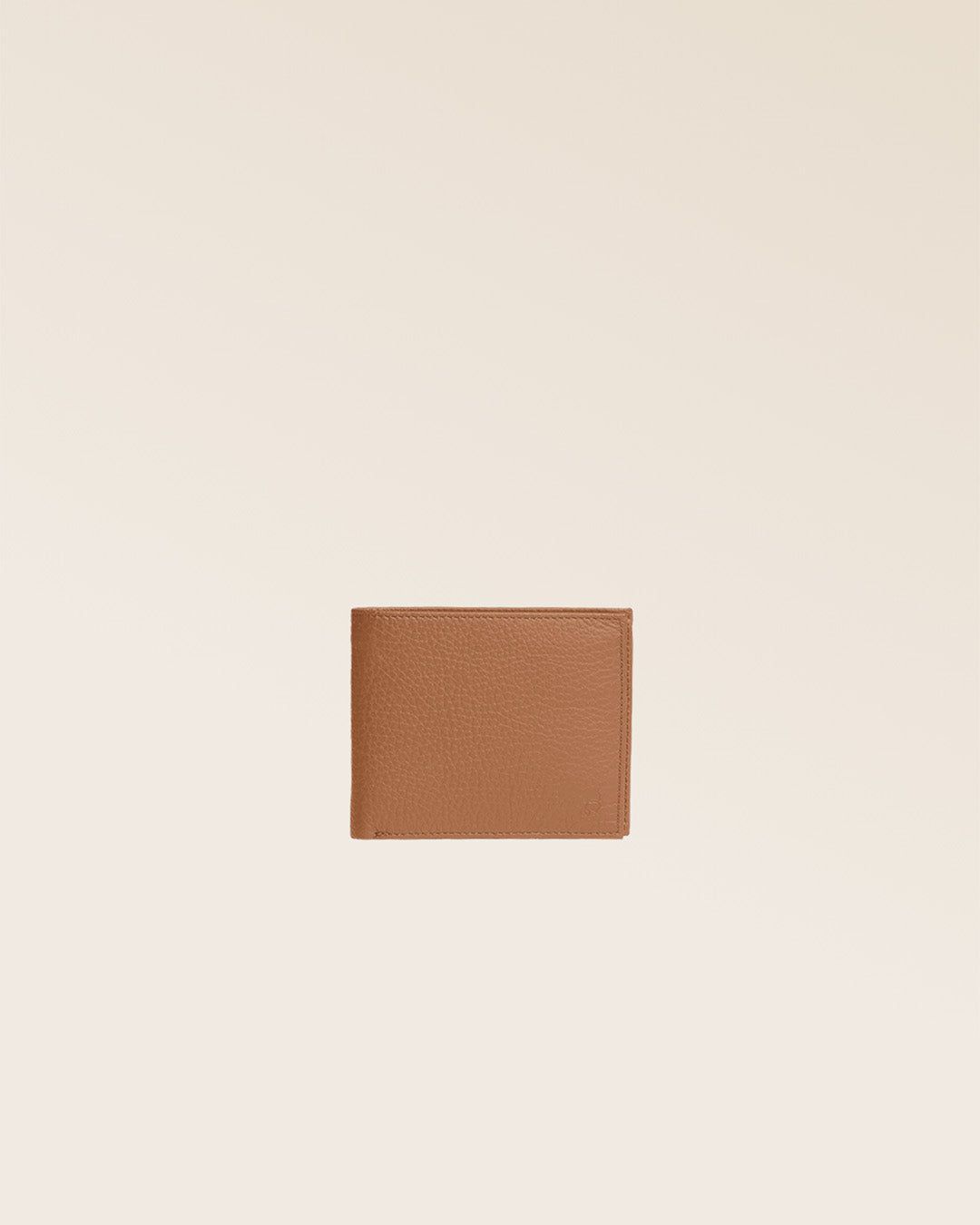 Our CB billfold in fawn-colored vicuña leather, seen from the front in the studio.