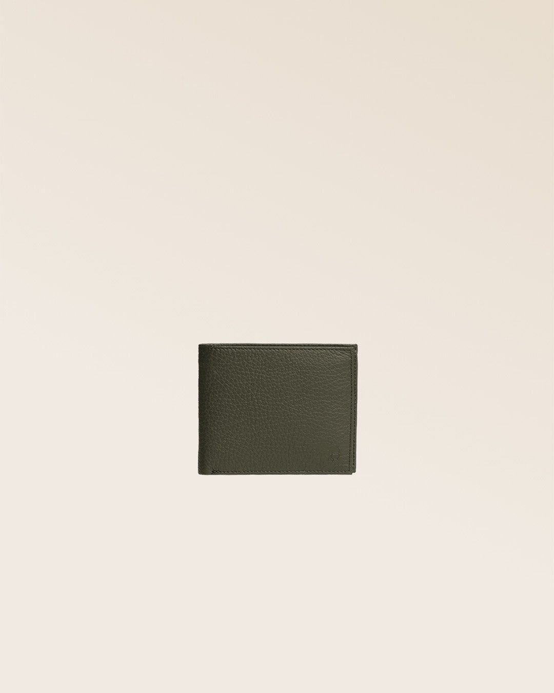Our CB billfold in khaki vicuña-style leather, seen from the front in the studio.