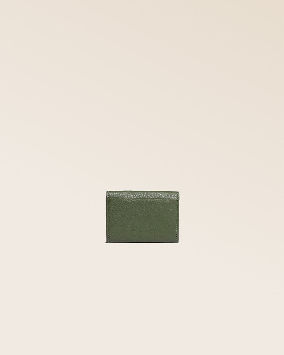 Our Mixte khaki vicuña-style leather wallet seen from the back in the studio.