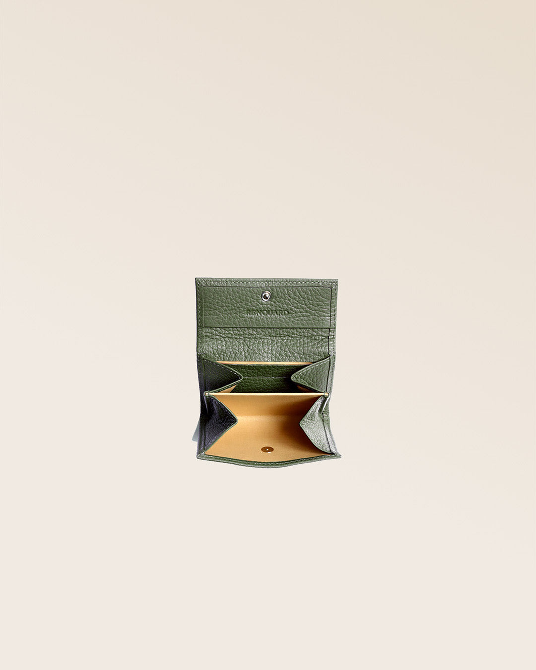Our Mixte wallet in khaki vicuña-style leather seen open in the studio.