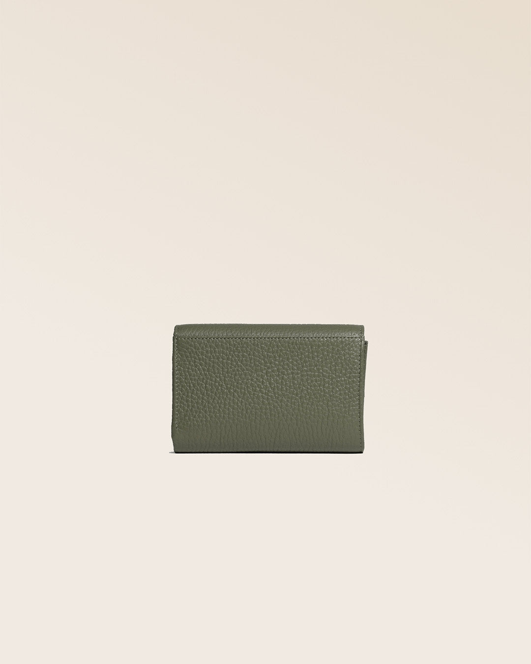 Our Opale wallet in khaki vicuña-style leather, seen from the back in the studio.