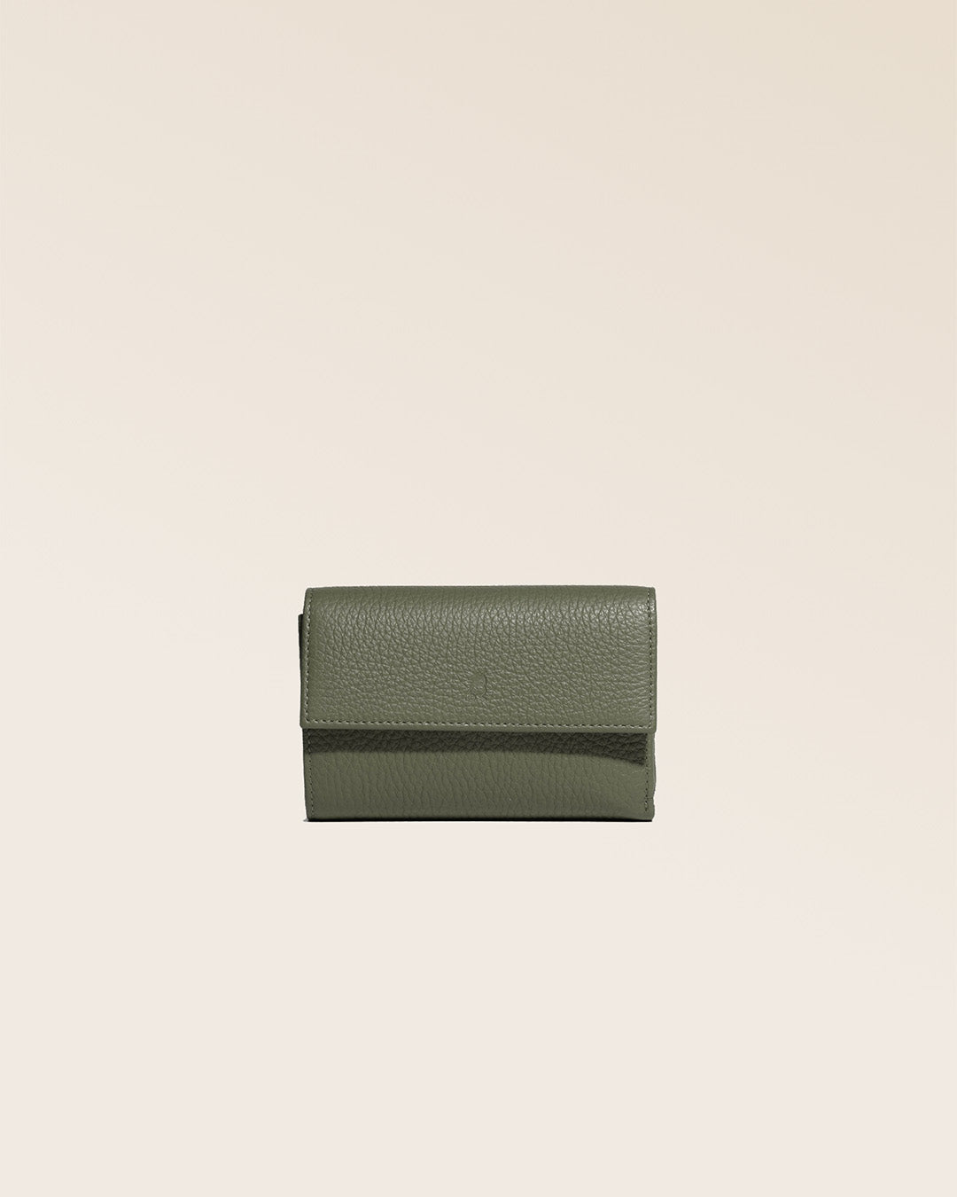 Our Opale wallet in khaki vicuña-style leather, seen from the front in the studio.