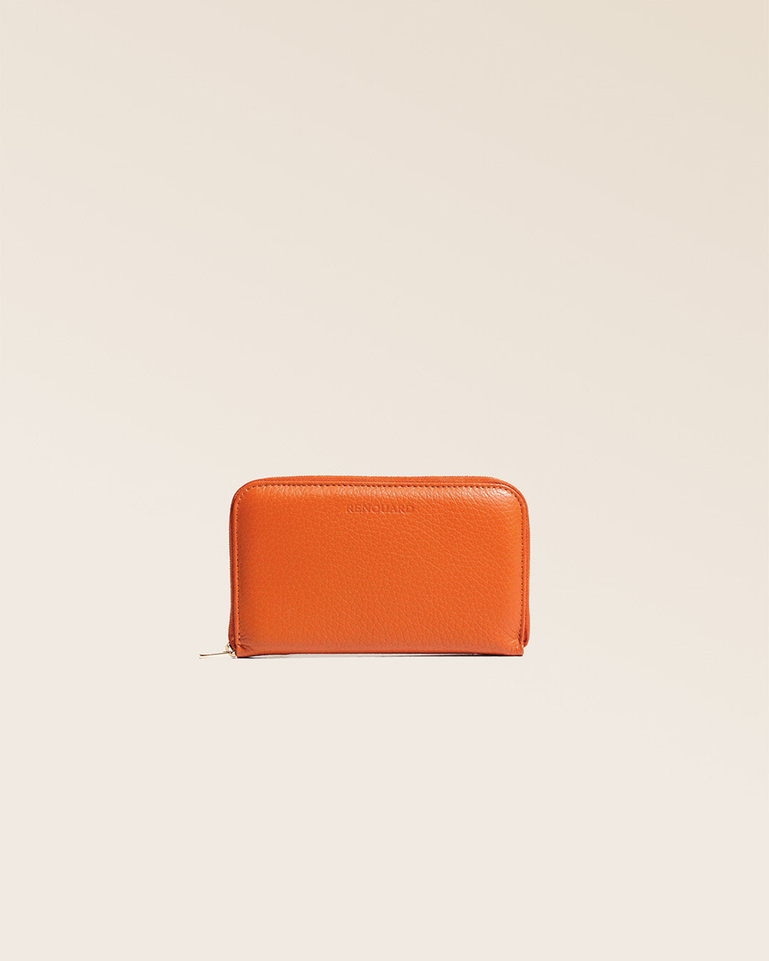 Our Samba orange vicuña-style leather wallet seen from the front in the studio.