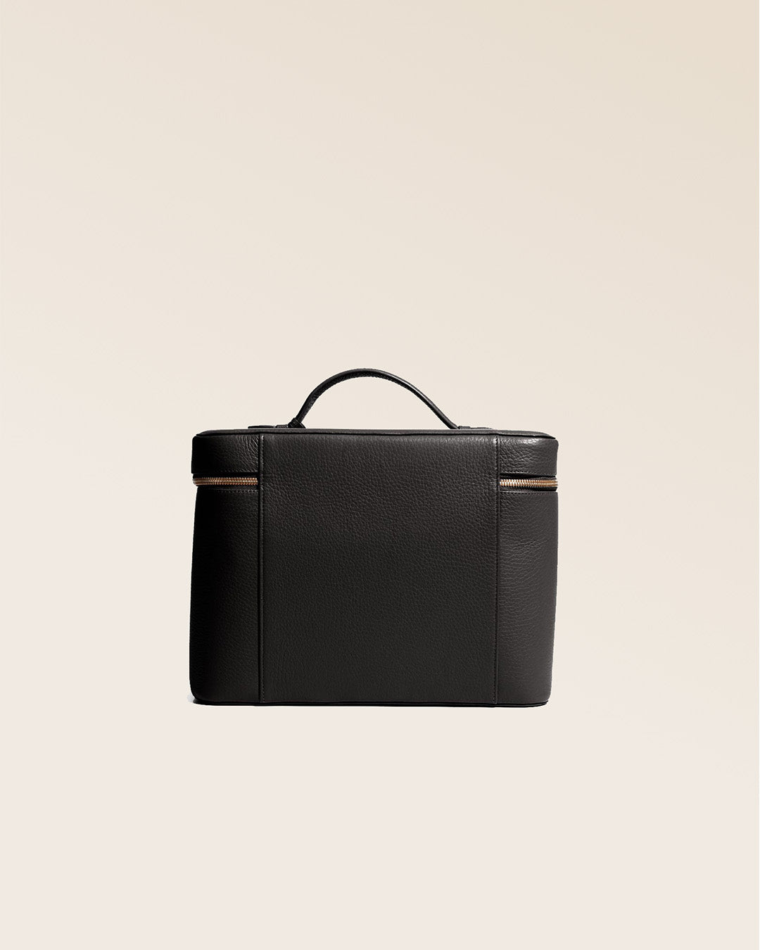 Our large black vicuña-style leather vanity seen from the back in the studio.