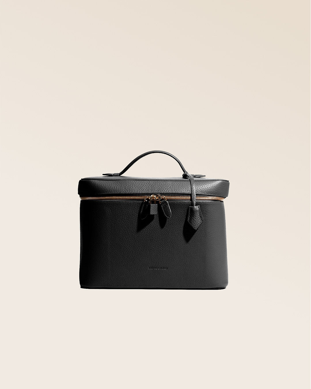 Our large black vicuña-style leather vanity seen from the front in the studio.
