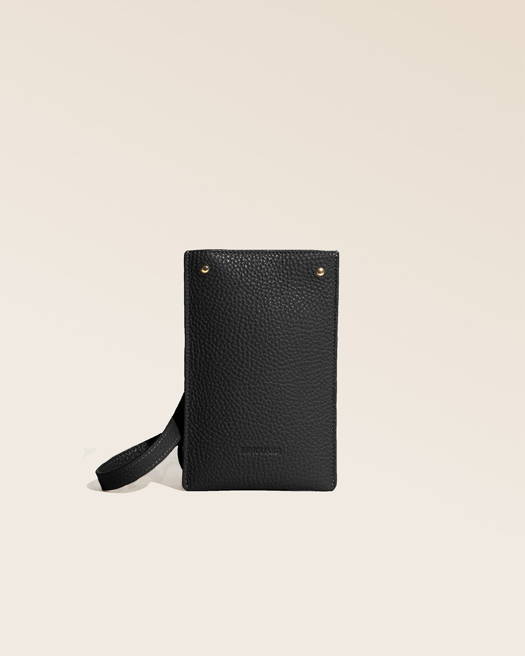 Our Renouard phone pouch in black vicuna-style leather, seen from the front in the studio.