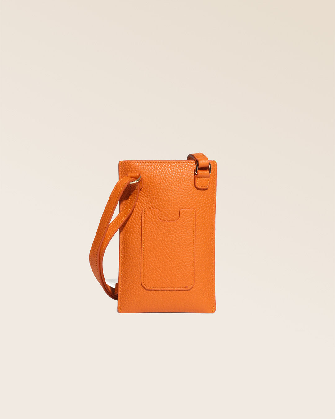 Our Renouard phone pouch in orange vicuna-style leather, seen from the back in the studio.