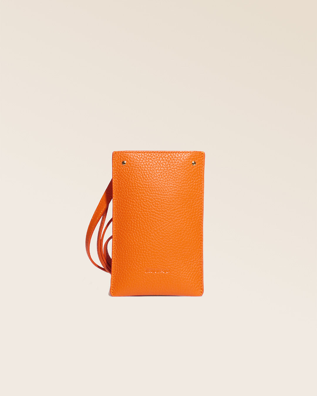 Our Renouard phone pouch in orange vicuna-style leather, seen from the front in the studio.
