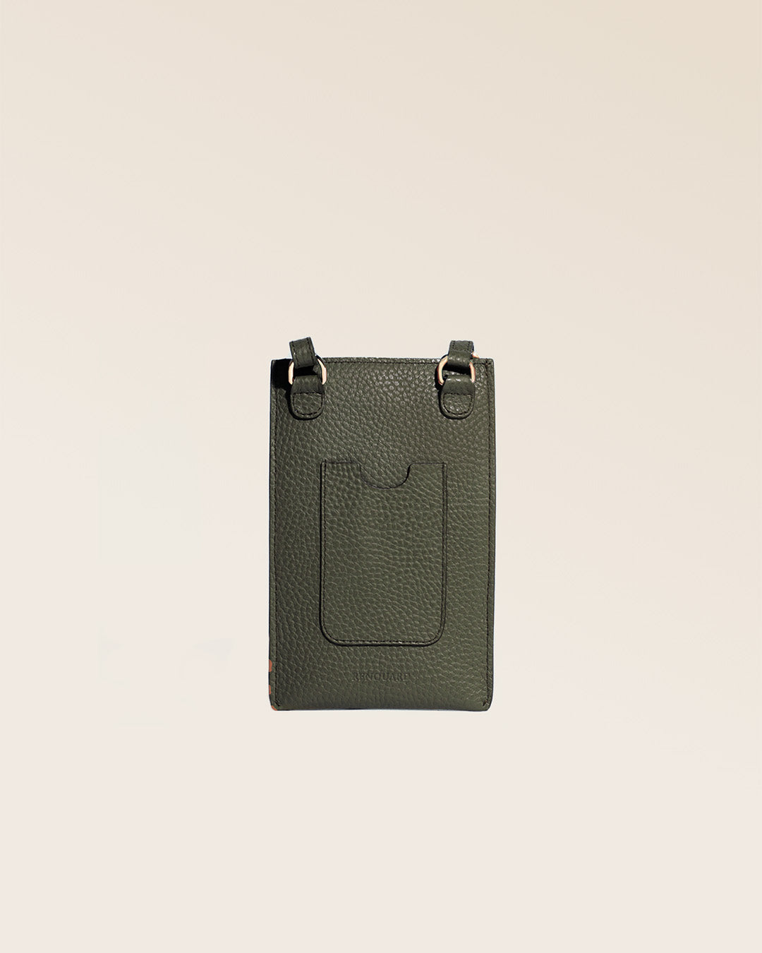 Our Etrivière phone pouch in khaki vicuña-style leather, seen from the back in the studio.