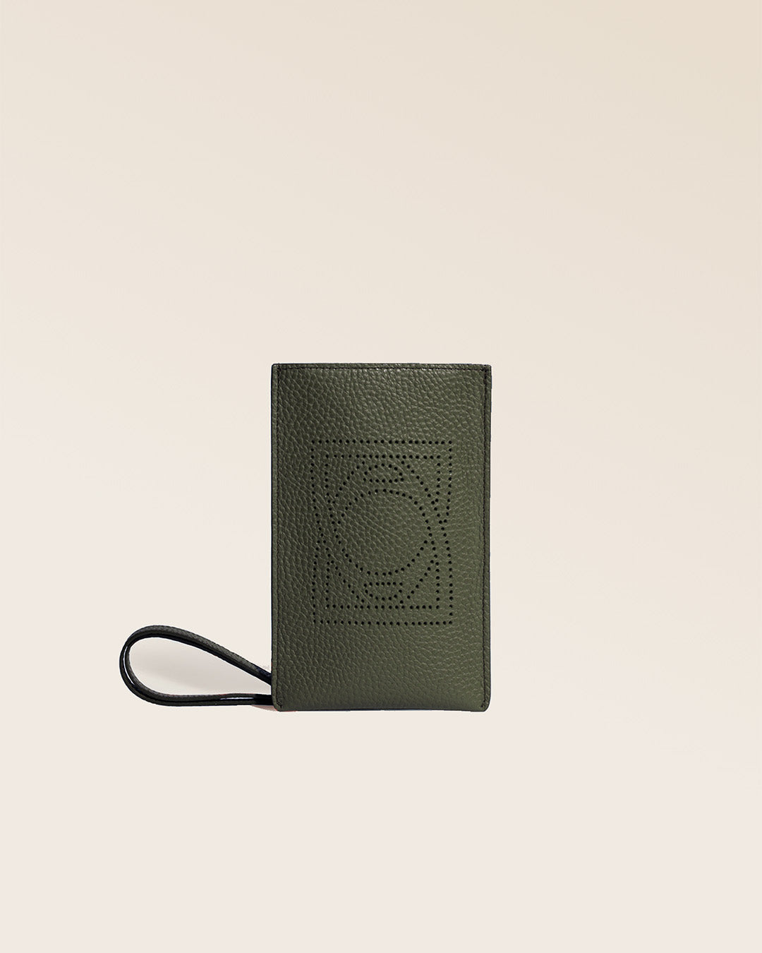 Our Etrivière phone pouch in khaki vicuña-style leather, seen from the front in the studio.