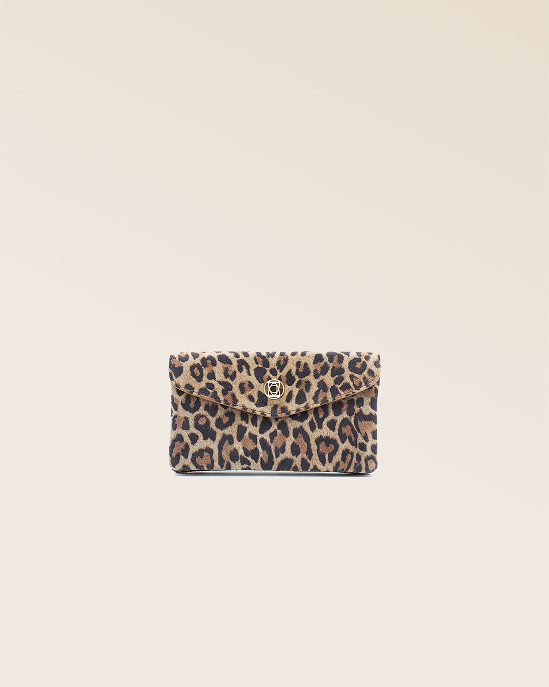 Our Lilou purse in leopard suede calf leather, seen from the front in the studio.