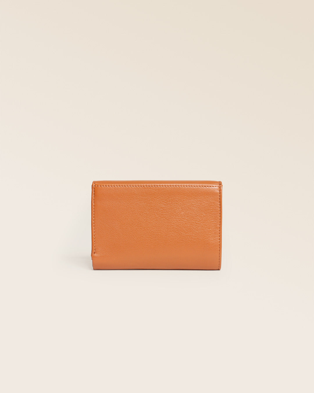 Our Opale Renouard purse in vintage camel leather, seen from behind in the studio.