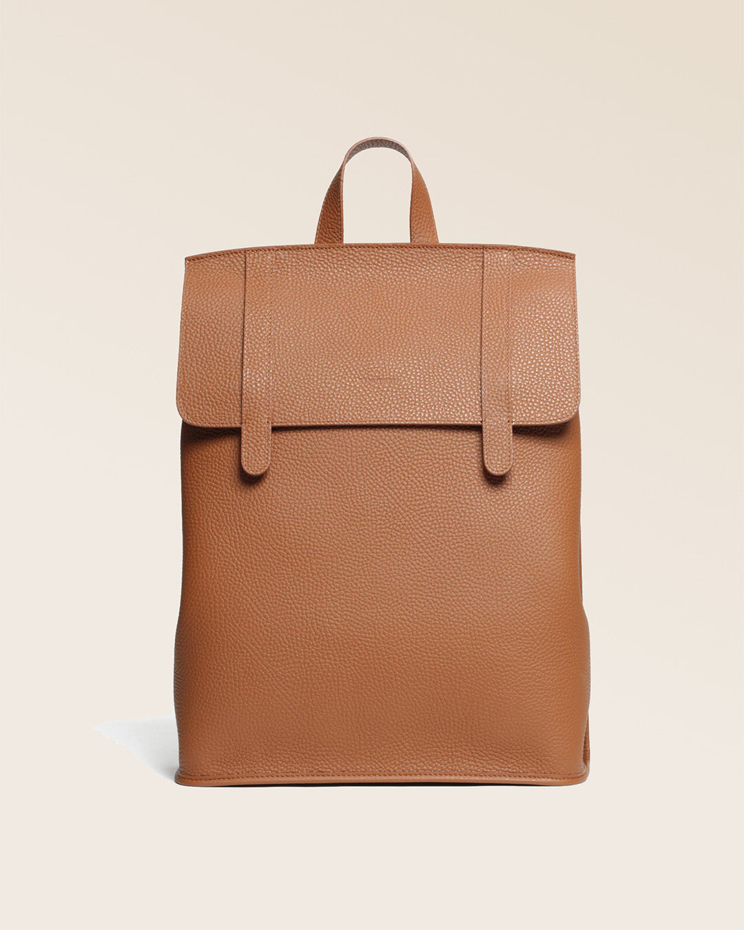 A front view of our Alex backpack in chocolate vicuna leather.