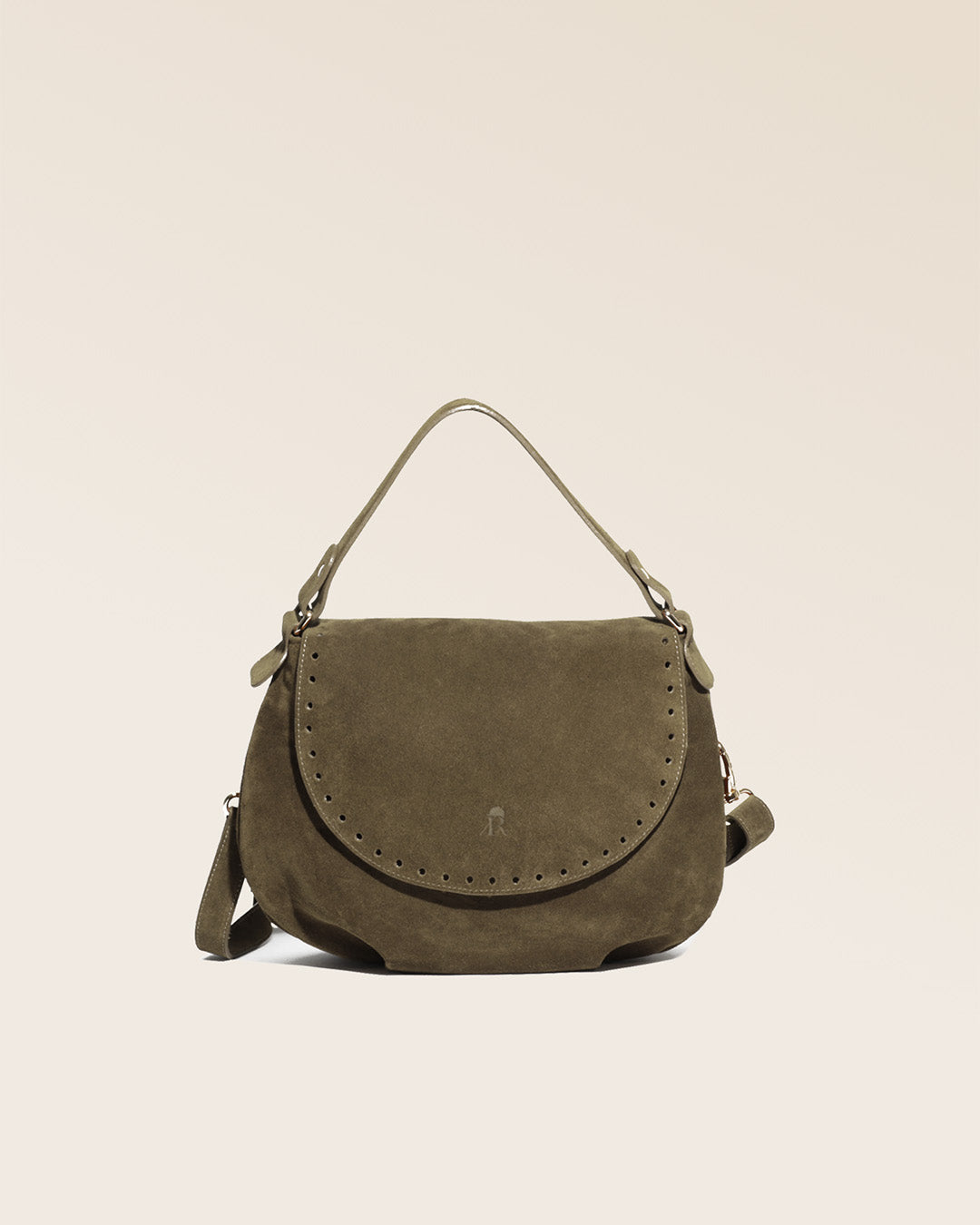 Notre sac Albane en cuir veau velours truffe vu de face en studio.