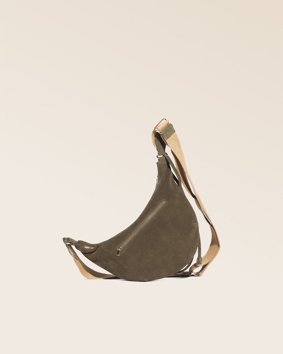 Our Bihan bag in truffle suede as seen from the back in the studio.
