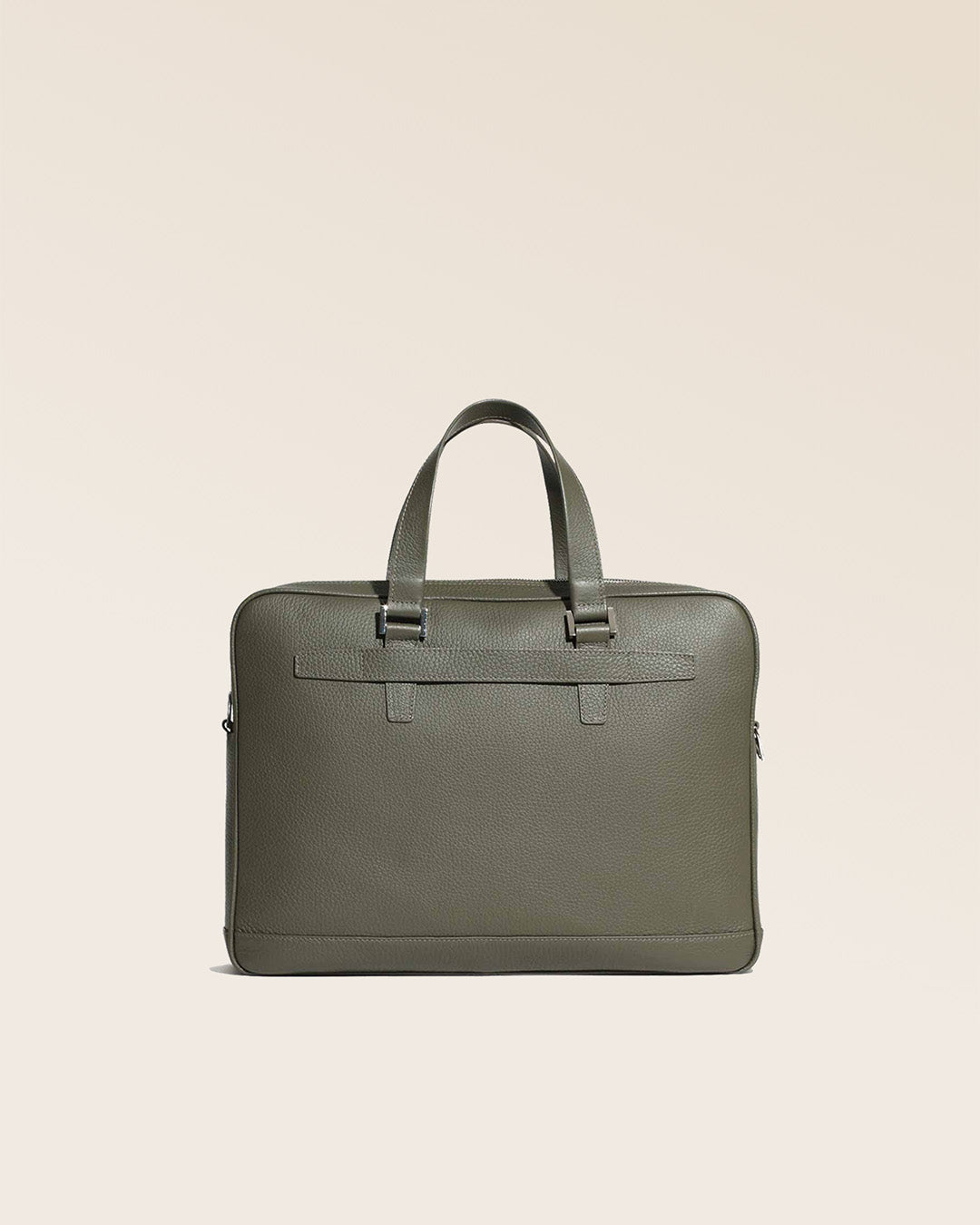 Our Boston satchel bag in khaki vicuña-style leather, seen from the back in the studio.