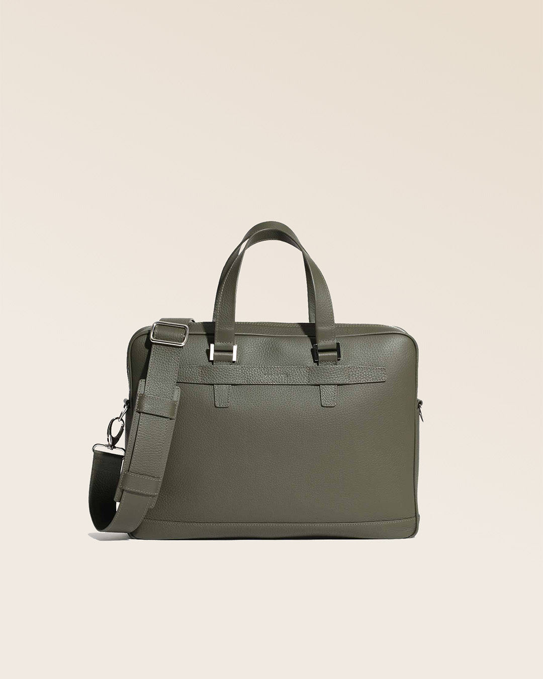 Our Boston satchel bag in khaki vicuña-style leather, seen from the front in the studio.