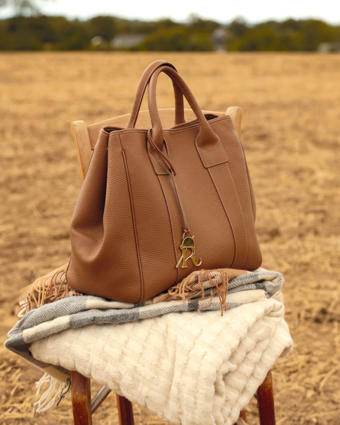 Our Max tote bag in fawn-colored vicuña leather as seen from the quarter.