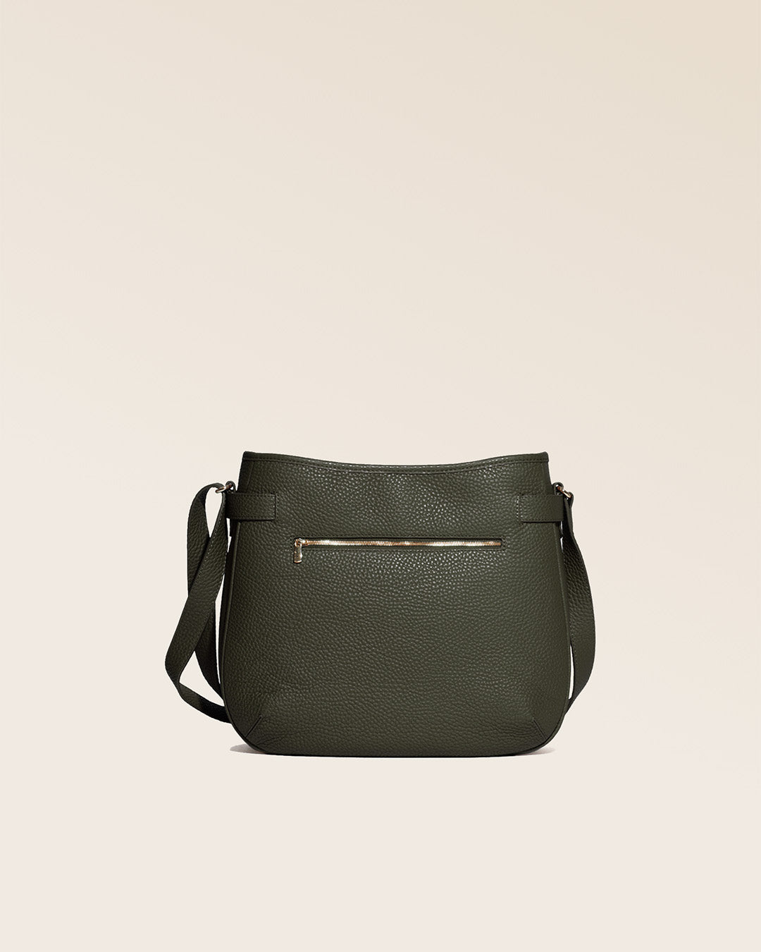 Our Cameron bag in khaki vicuña-style leather, seen from the back in the studio.