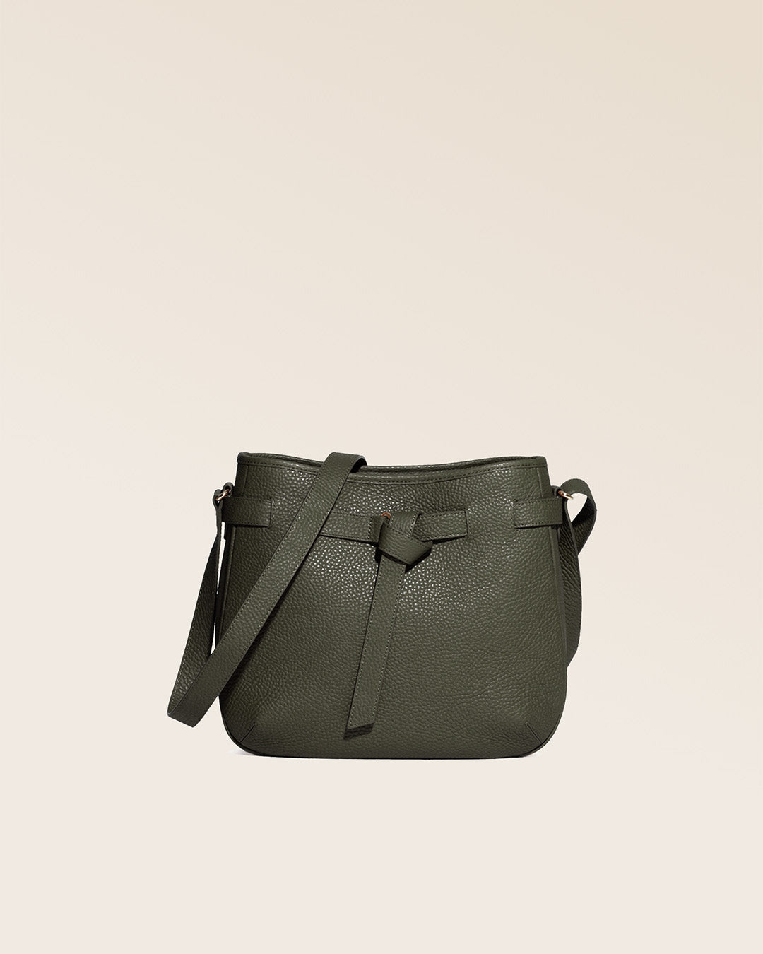 Our Cameron bag in khaki vicuña-style leather, seen from the front in the studio.
