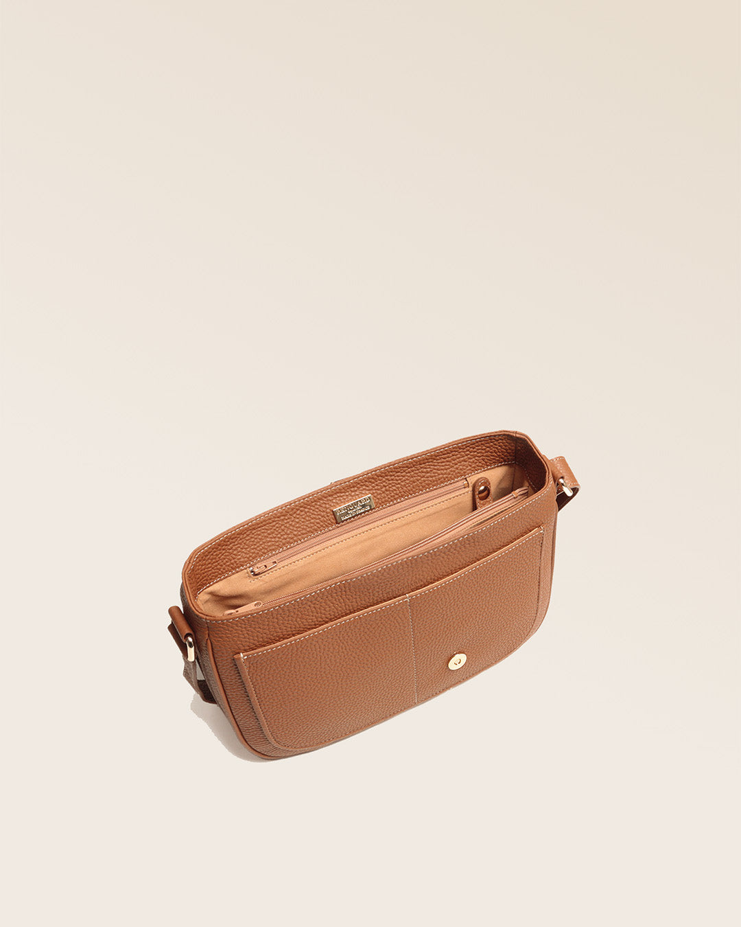 Our Casaque bag in fawn-colored vicuña leather, seen from above.
