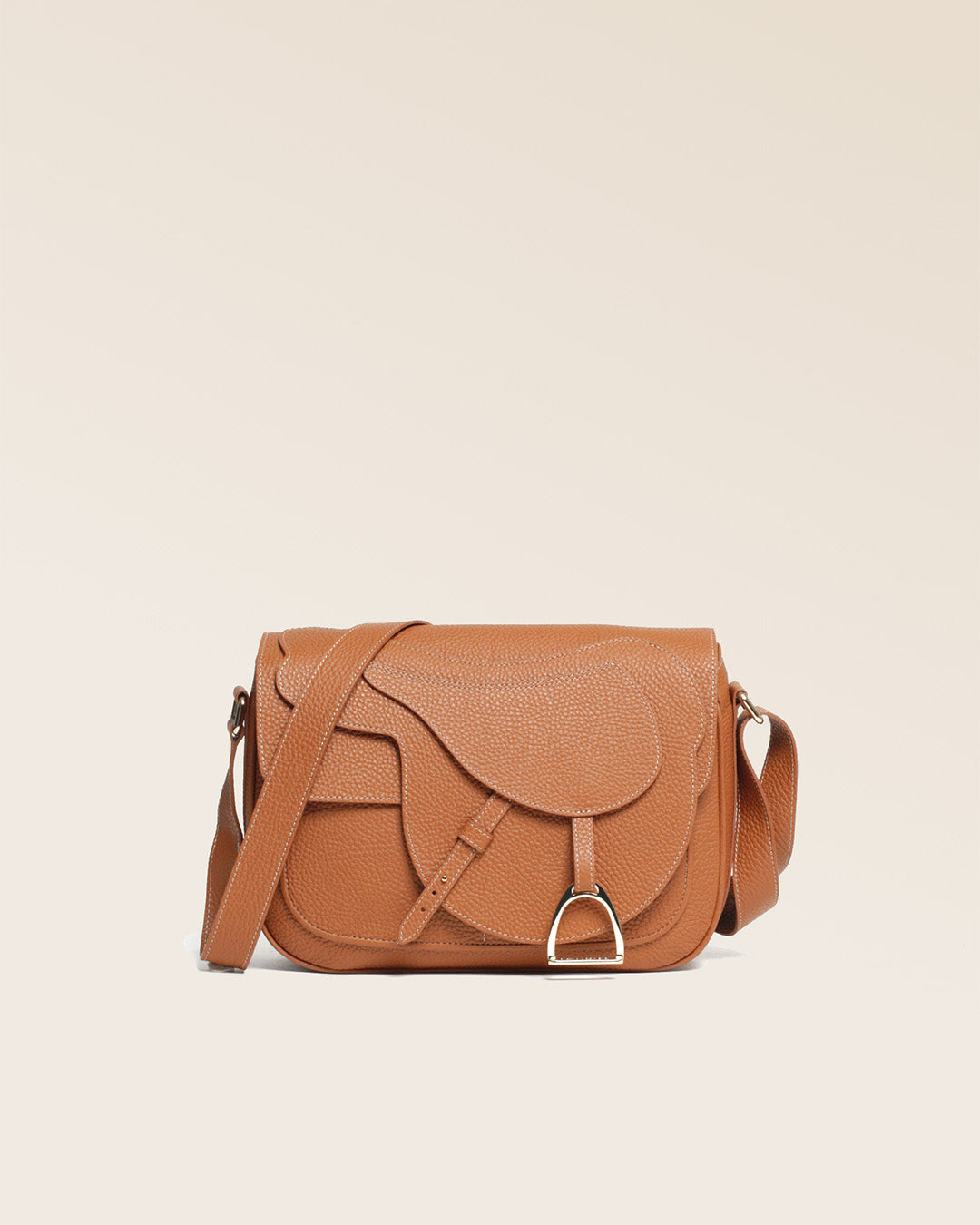 A front view of our Casaque bag in fawn-colored vicuña leather.