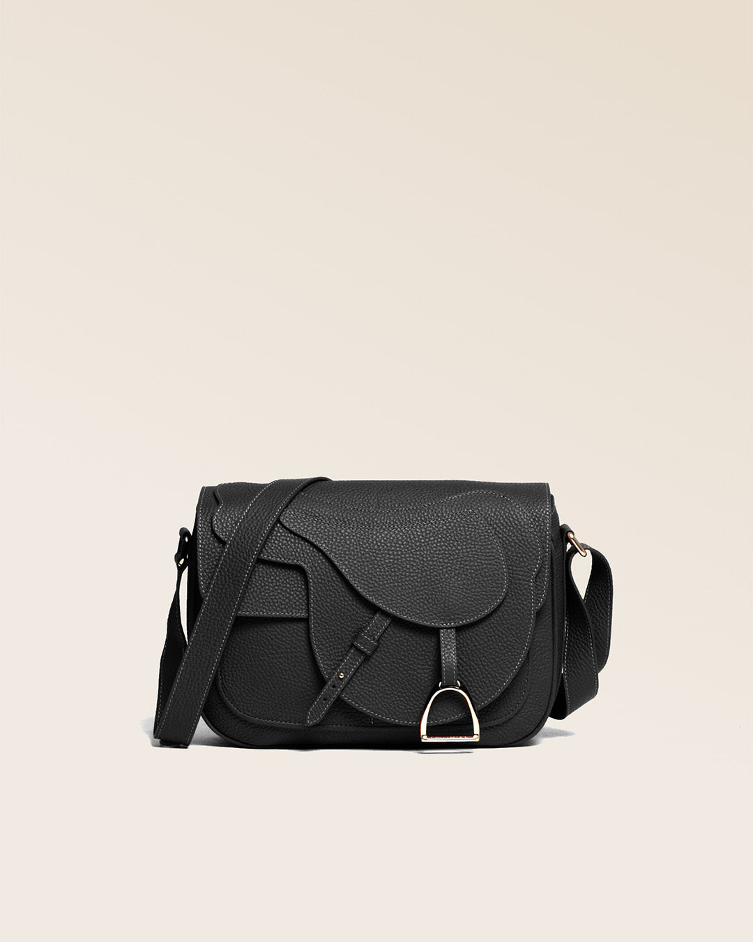 Our Casaque bag in black vicuña-style leather, seen from the front.