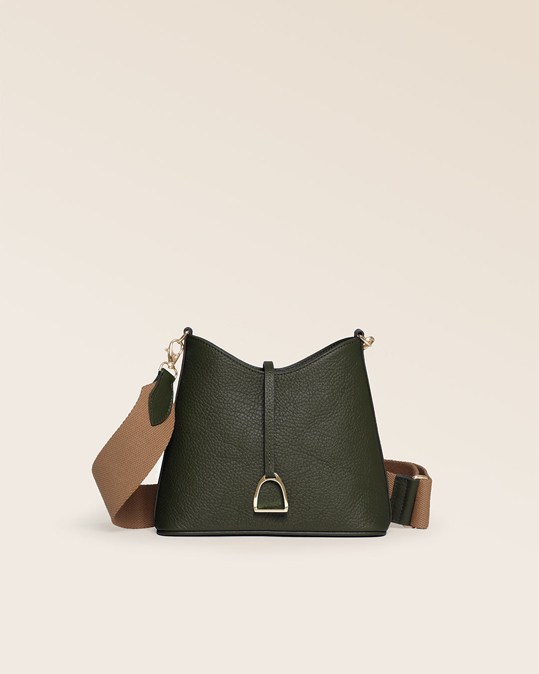 Our Cob Renouard bag in its Mini version, khaki vicuña-style leather and cotton shoulder strap; seen from the front in the studio.