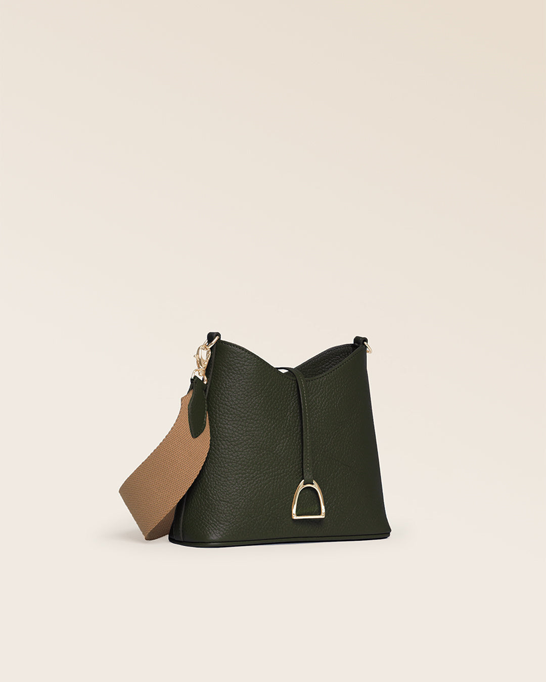 Our Cob Renouard bag in its Mini version, khaki vicuña-style leather and cotton shoulder strap; seen from the quarter in the studio.