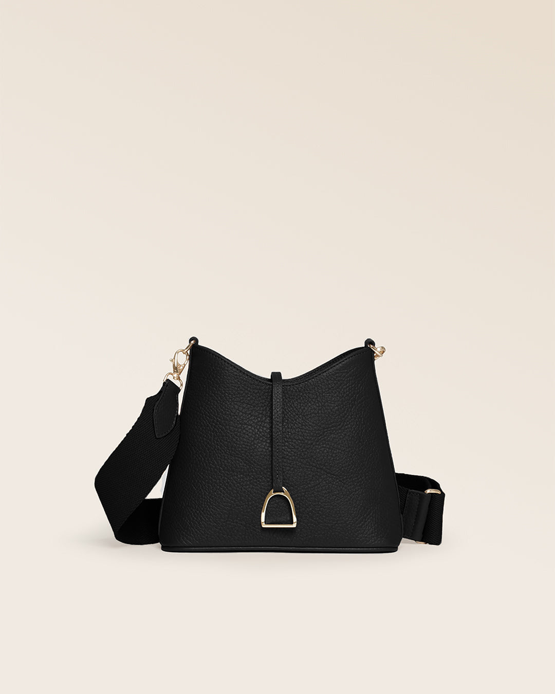 Our Cob Renouard bag in its Mini version, black vicuña-style leather and cotton shoulder strap; seen from the front in the studio.