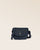 Our navy blue vicuña-style leather Lea satchel bag, seen from the front in the studio.