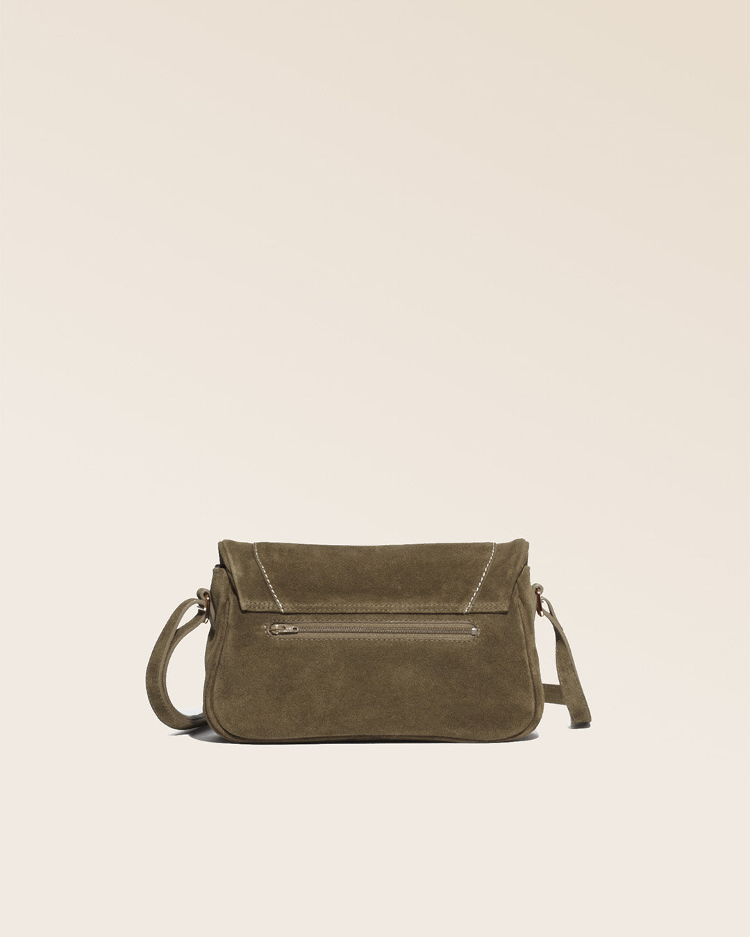 Our Lou bag in truffle suede as seen from the back in the studio.
