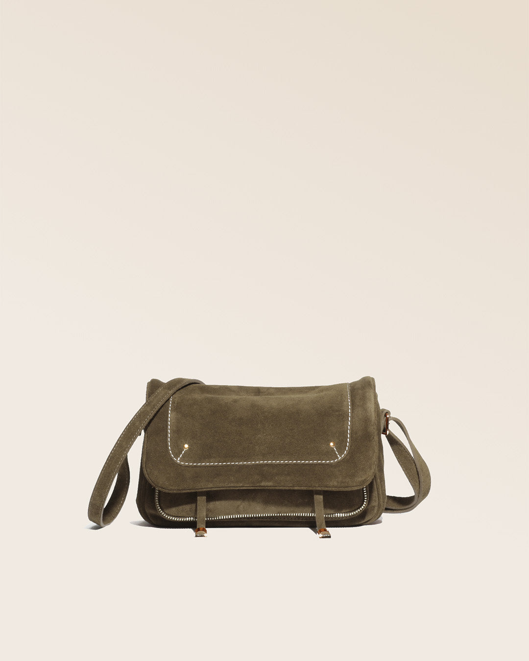 Our Lou bag in truffle suede as seen from the front in the studio.