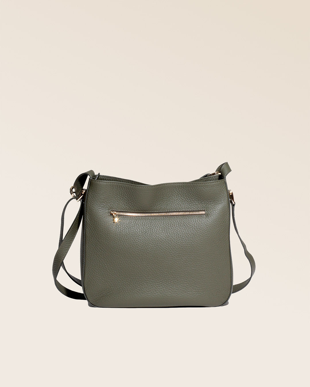 Our Marlow bag in khaki vicuña-style leather, seen from the back in the studio.