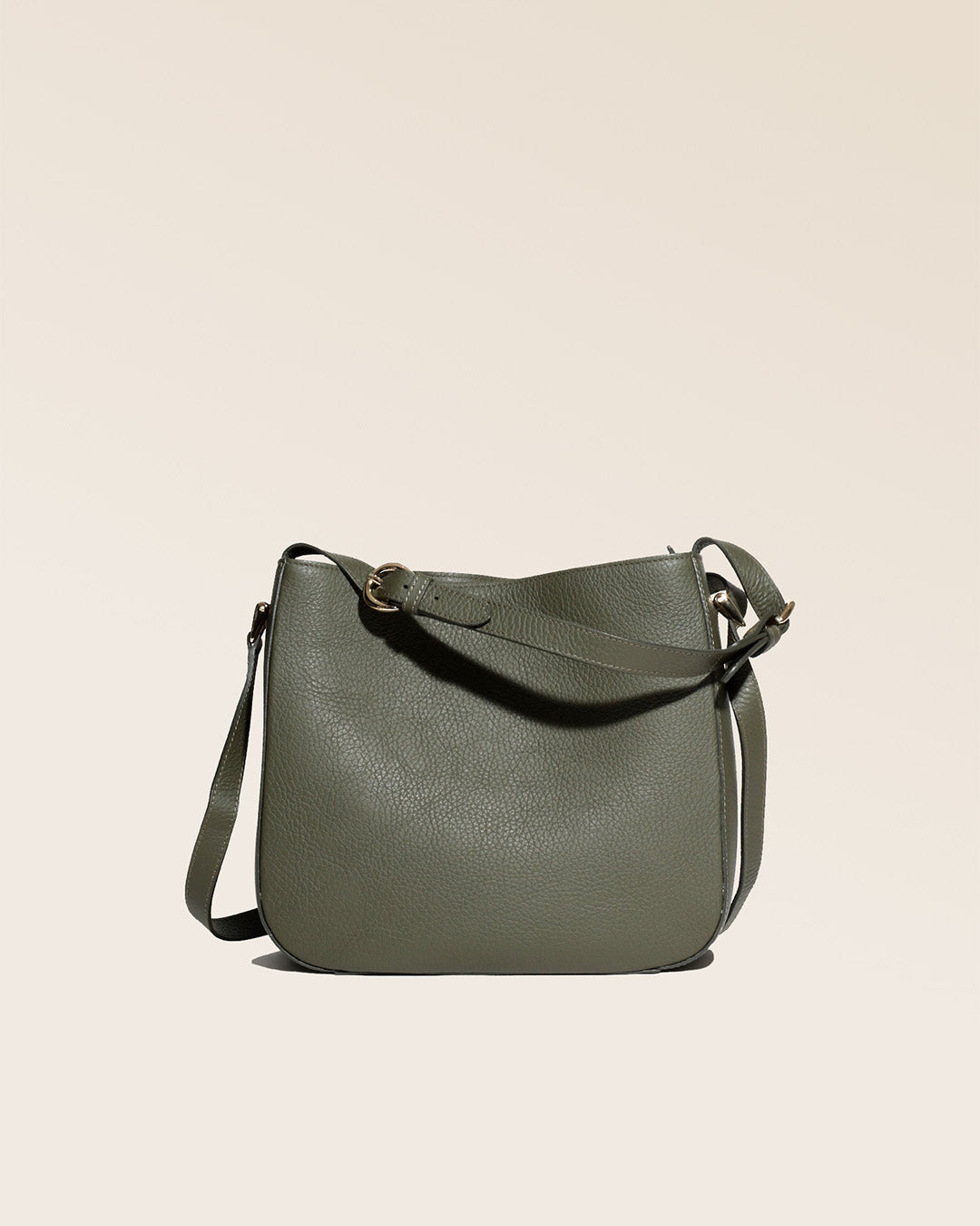 Our Marlow bag in khaki vicuña-style leather, seen from the front in the studio.