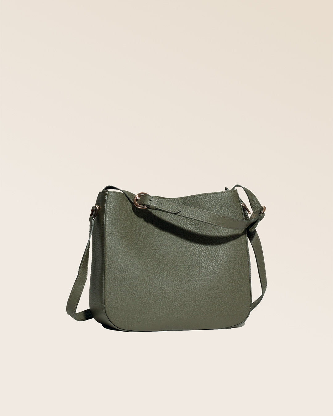 Our Marlow bag in khaki vicuña-style leather, seen from the quarter in the studio.