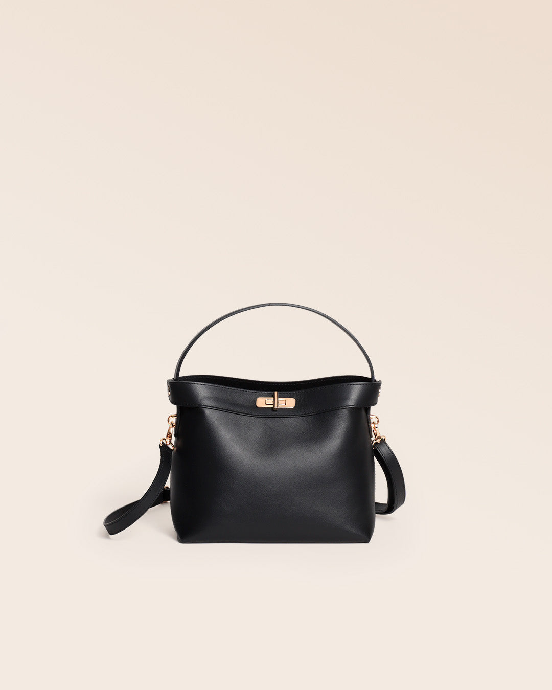 Our Rosa bag in smooth black leather, seen from the front in the studio.