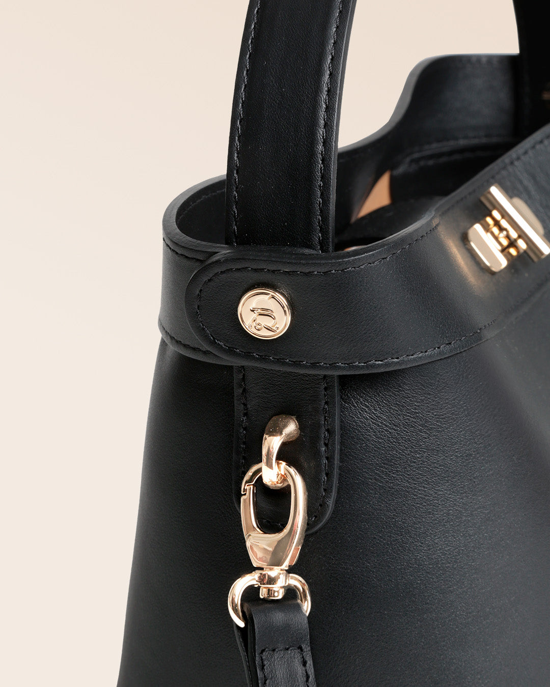 Our Rosa bag in smooth black leather, seen up close in the studio.