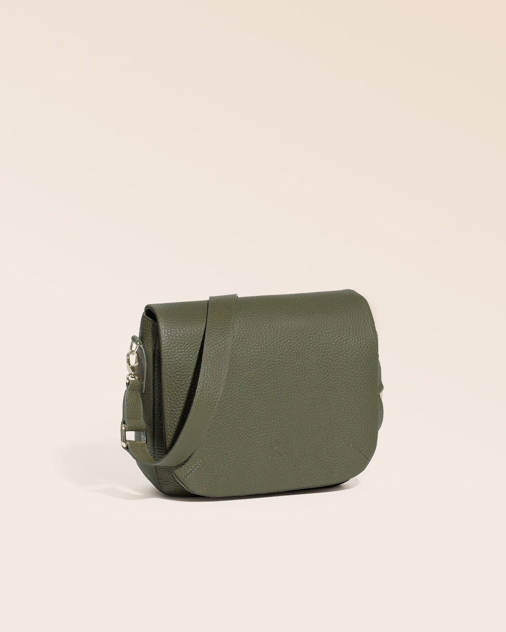 Our Samuel bag in khaki vicuña-style leather, seen from the quarter in the studio.