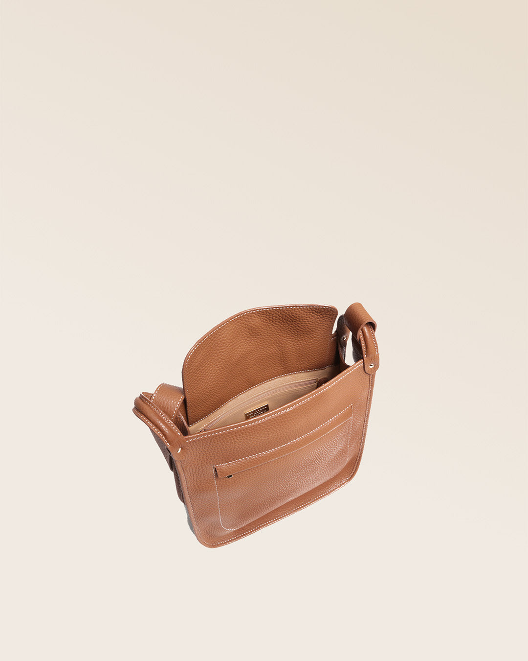 Our Stan bag in fawn-colored vicuña leather, seen from above in the studio.