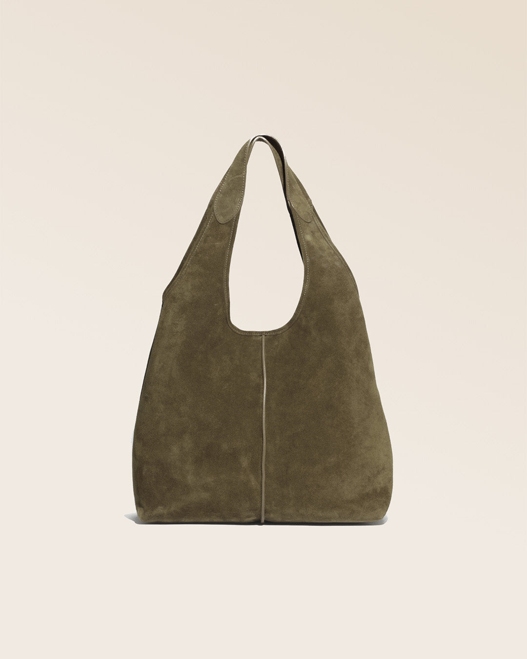 Our Valentine bag in truffle suede as seen from the front in the studio.