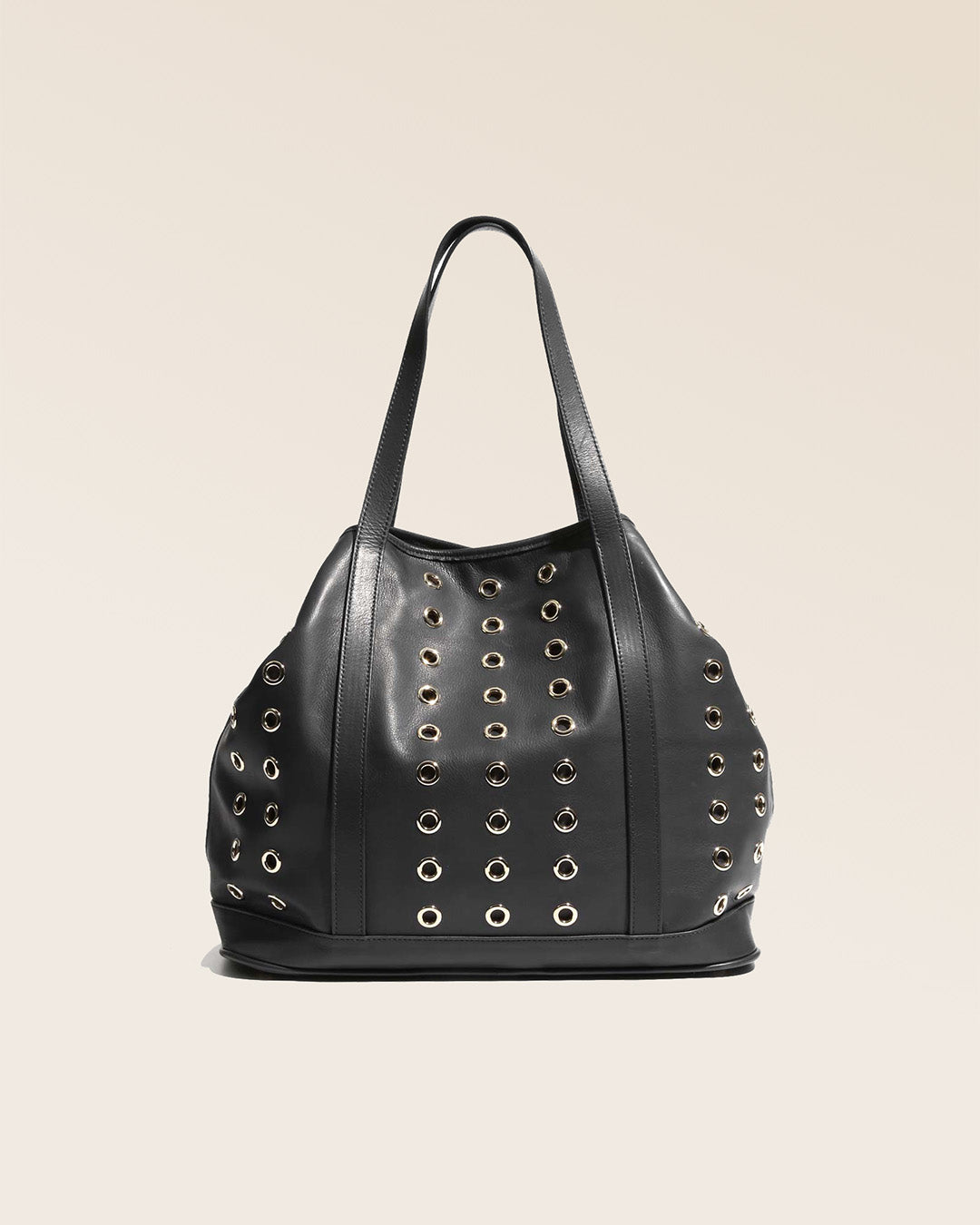 Our Zanzibar bag in smooth black leather, seen from the back in the studio.