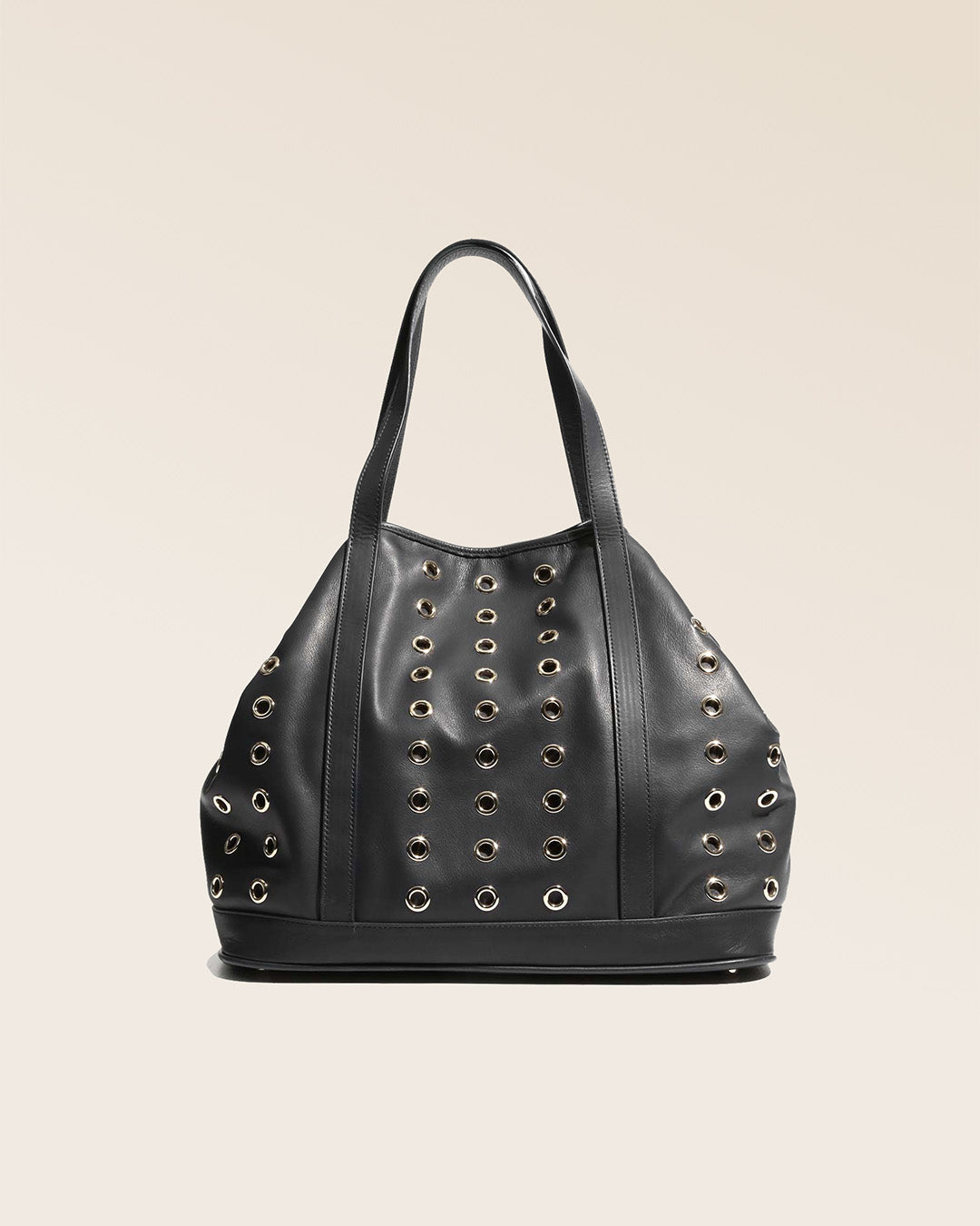 Our Zanzibar bag in smooth black leather, seen from the front in the studio.