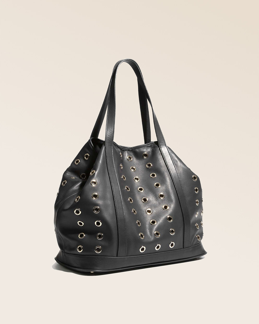 Our Zanzibar bag in smooth black leather, seen from the quarter in the studio.