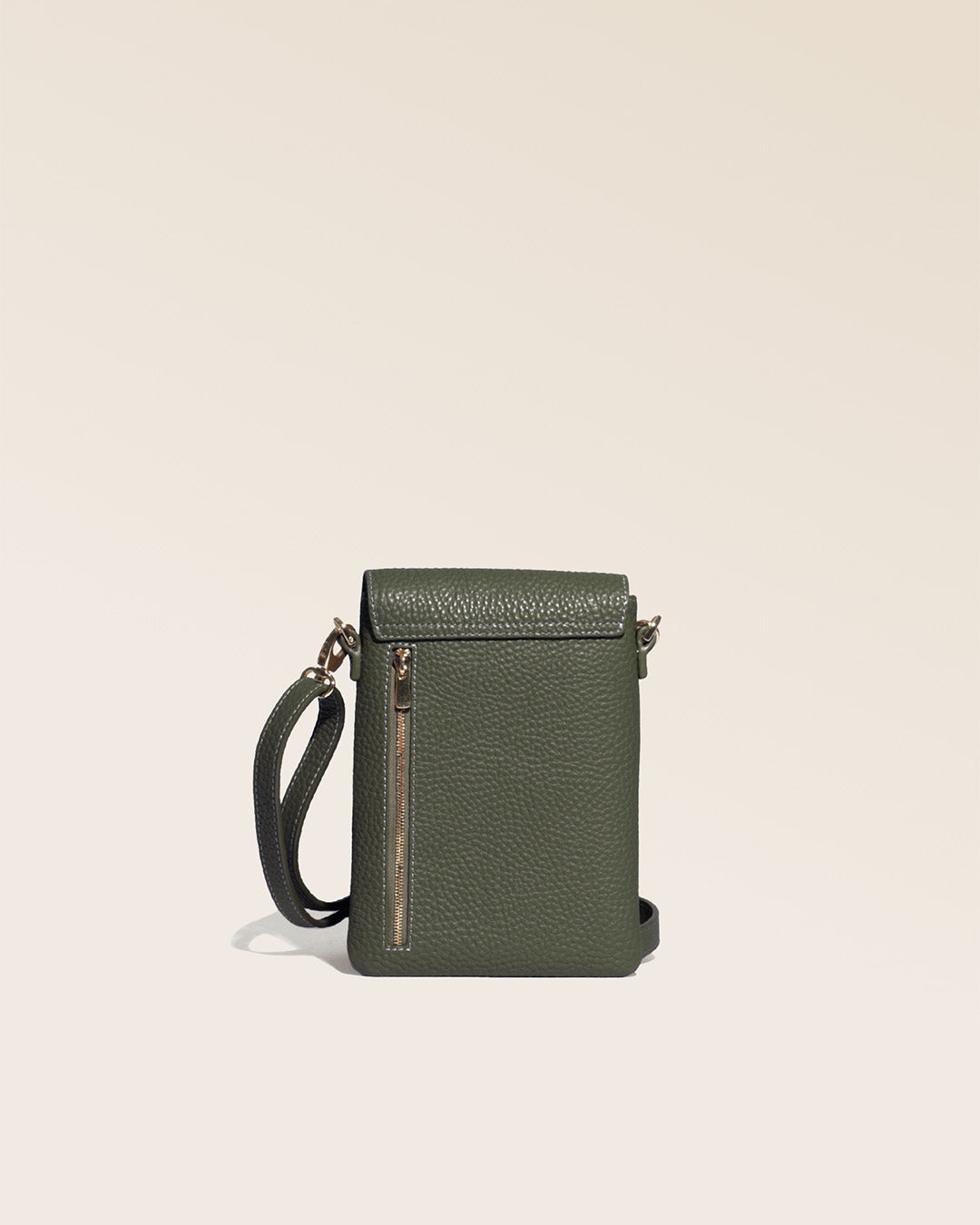 Our seagull clutch bag in khaki vicuña-style leather, seen from the back in the studio.