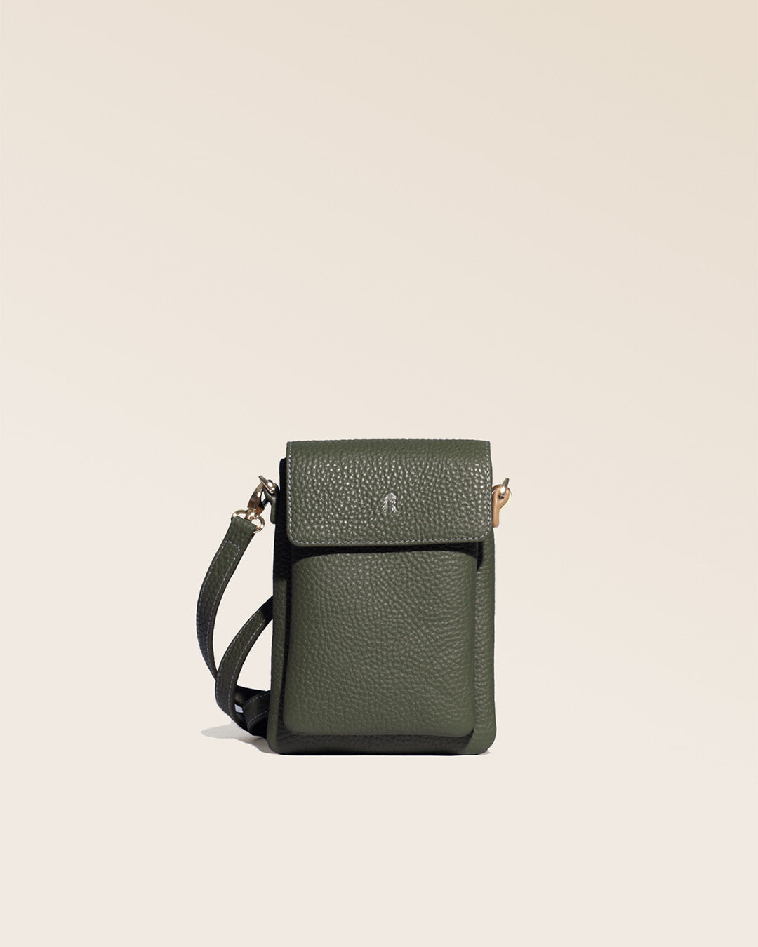 Our Gull clutch bag in khaki vicuña-style leather, seen from the front in the studio.