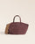 Le sac Sarah Renouard en cuir veau velours acajou et lisse acajou, avec sa bandoulière coton camel, vu de face en studio.