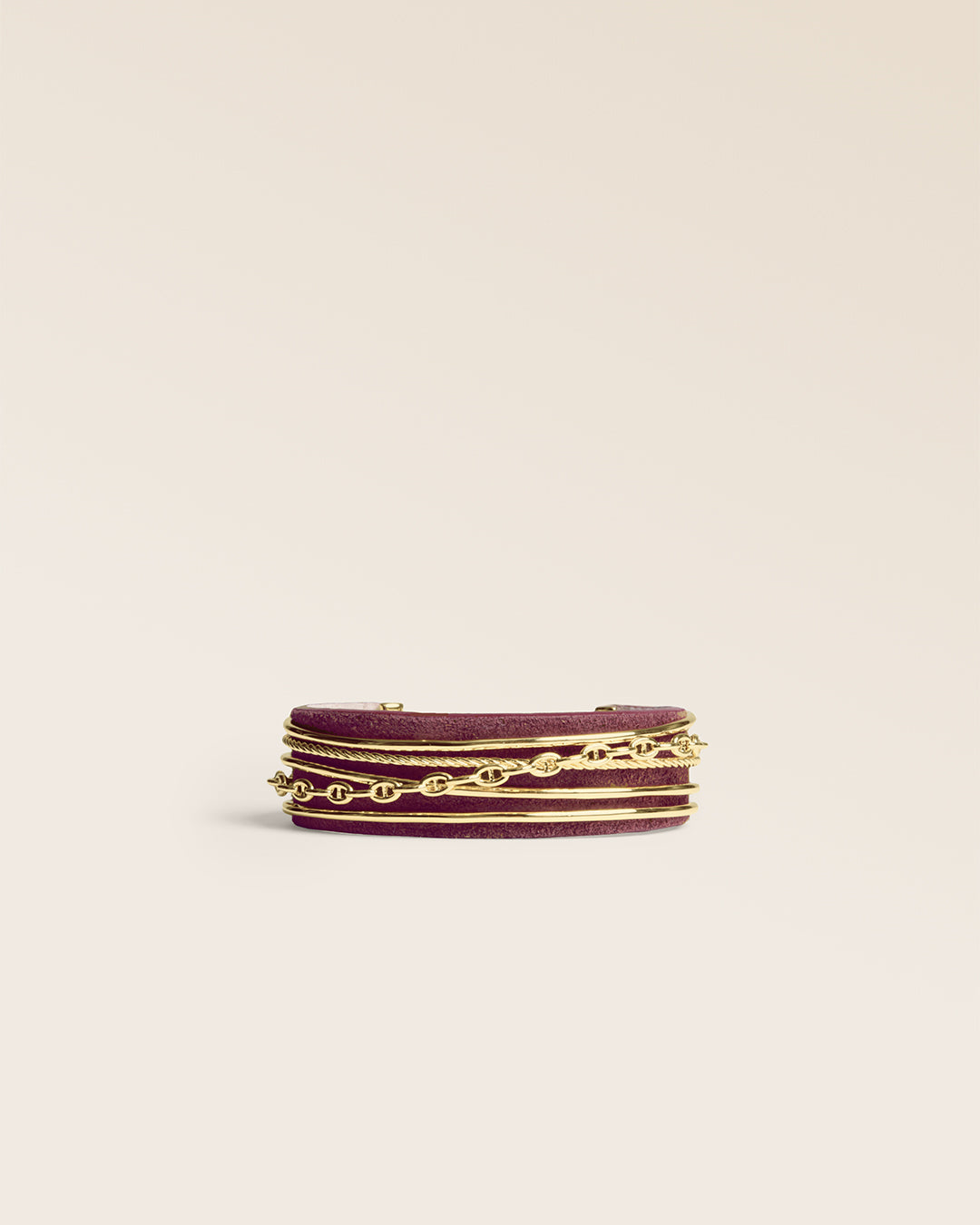 Le bracelet Dolce Vita Renouard en cuir veau velours acajou et accessoire doré, vu de face en studio.