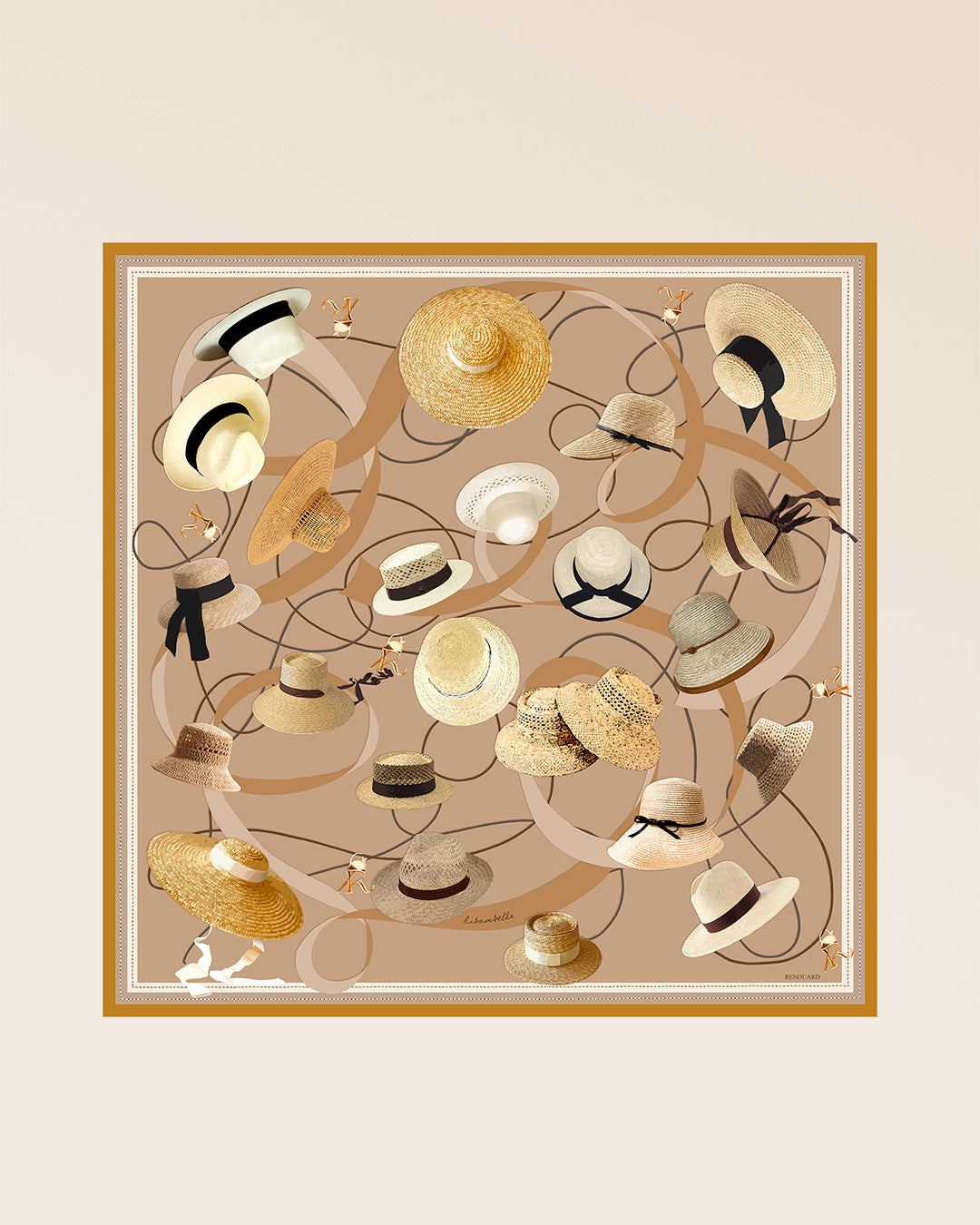 Notre carré de soie Rimbambelle Renouard, dans son coloris beige.